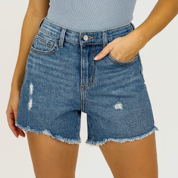 Joe's Jeans Women's Medium Wash High Waisted Cut Off Frayed Hem Bermuda Shorts - Picture 1 of 7